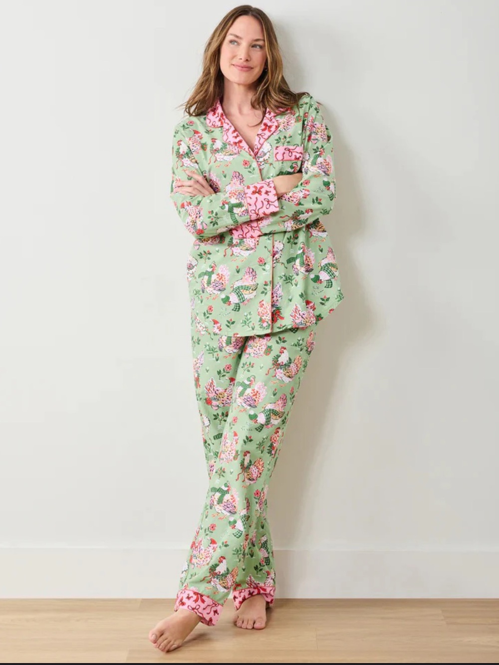 Print Fresh “Holiday Hen” Pajama Set with Ribbon Patterned Cuffs